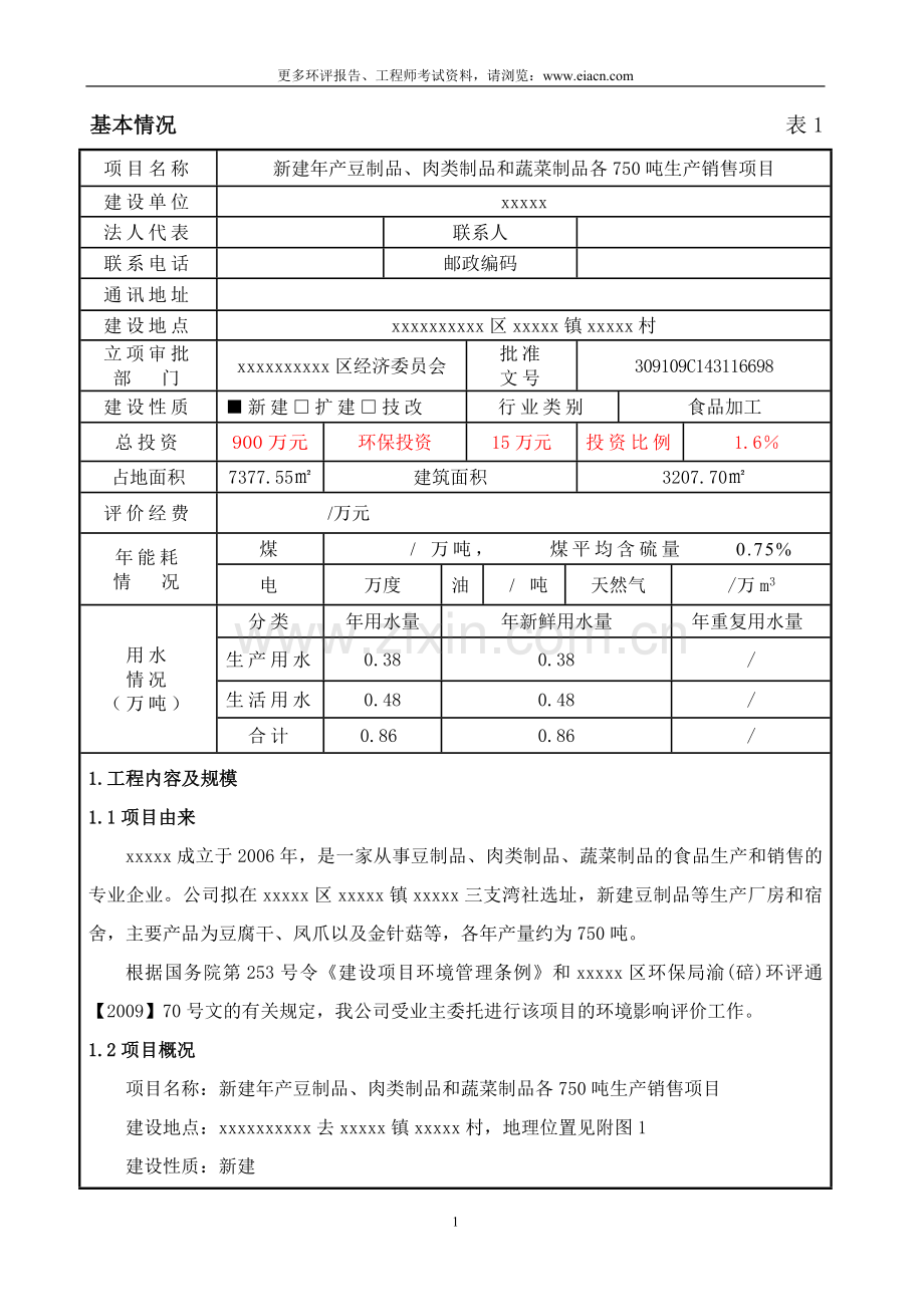 食品厂豆制品、肉类制品和蔬菜制品各750吨生产销售项目建设环境影响评估报告表.doc_第1页