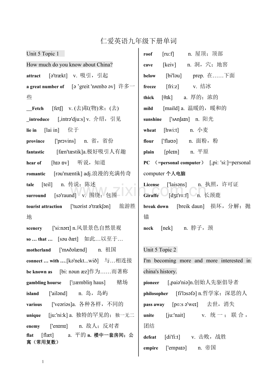 仁爱版九年级下册英语单词带音标.doc_第1页