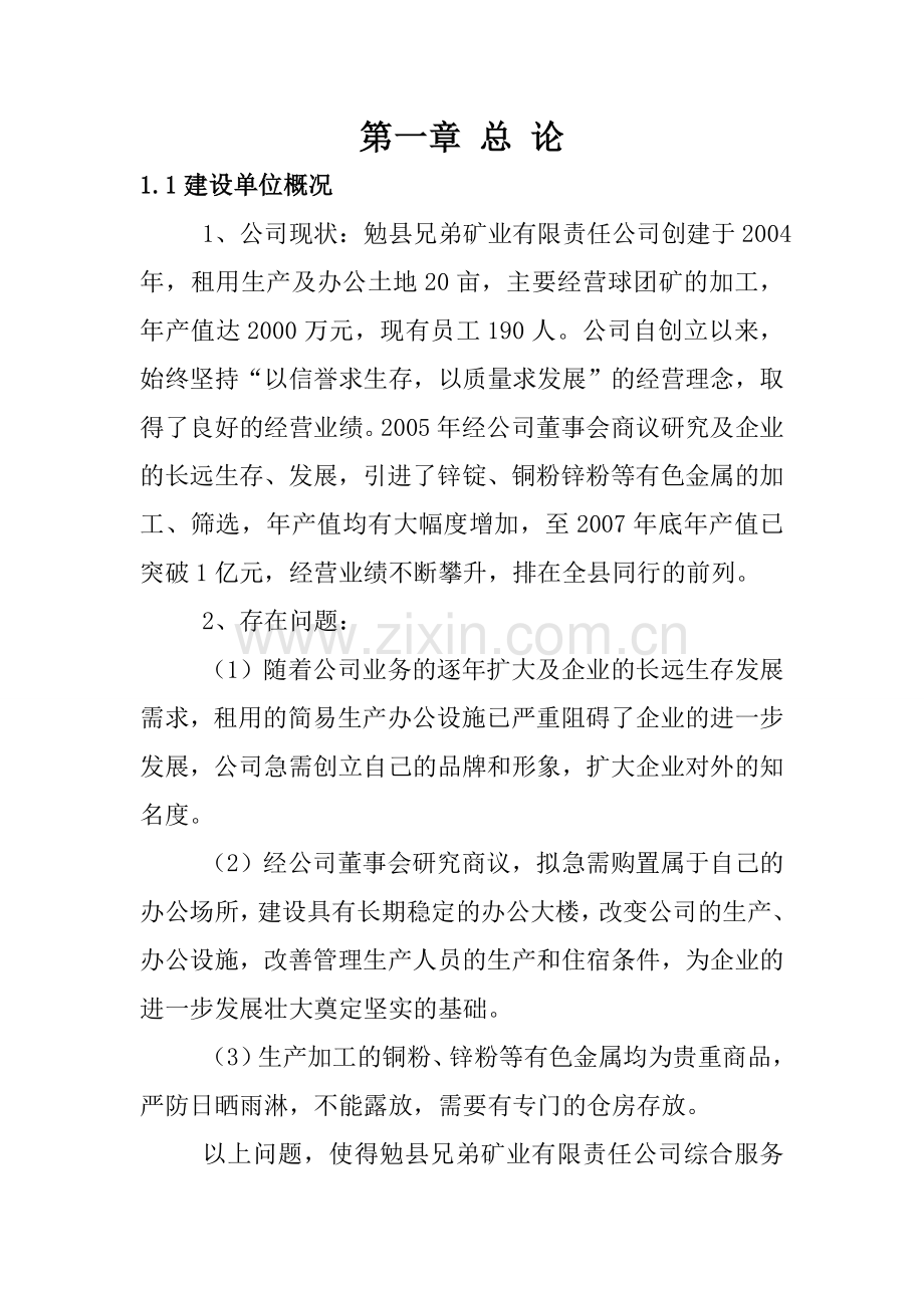 勉县兄弟矿业有限公司综合服务性大楼可行性策划书.doc_第1页