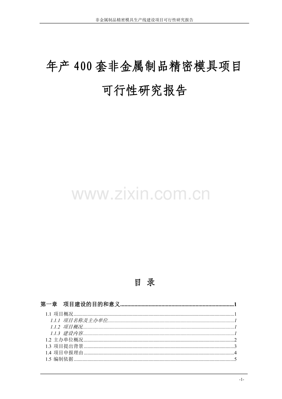 年产400套非金属制品精密模具项目可行性研究报告.doc_第1页