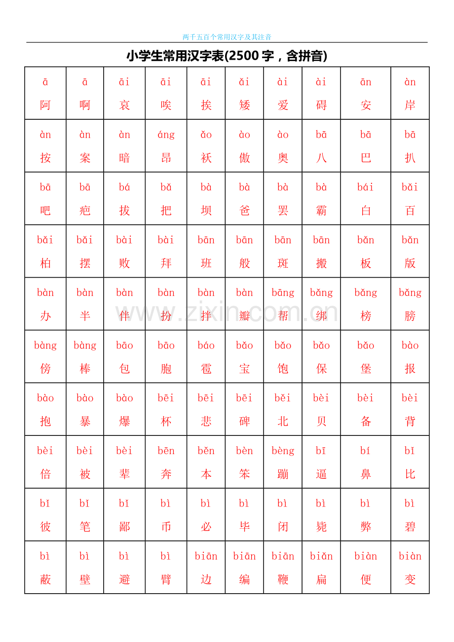 小学生常用汉字表(2500字-含拼音).doc_第1页