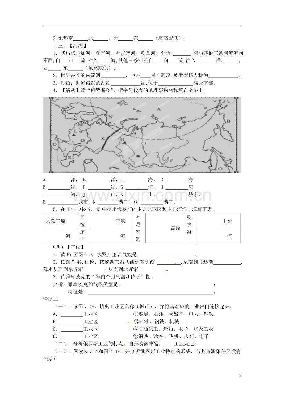 七年级地理下册《俄罗斯》导学案(1)(无答案)新人教版.doc_第2页