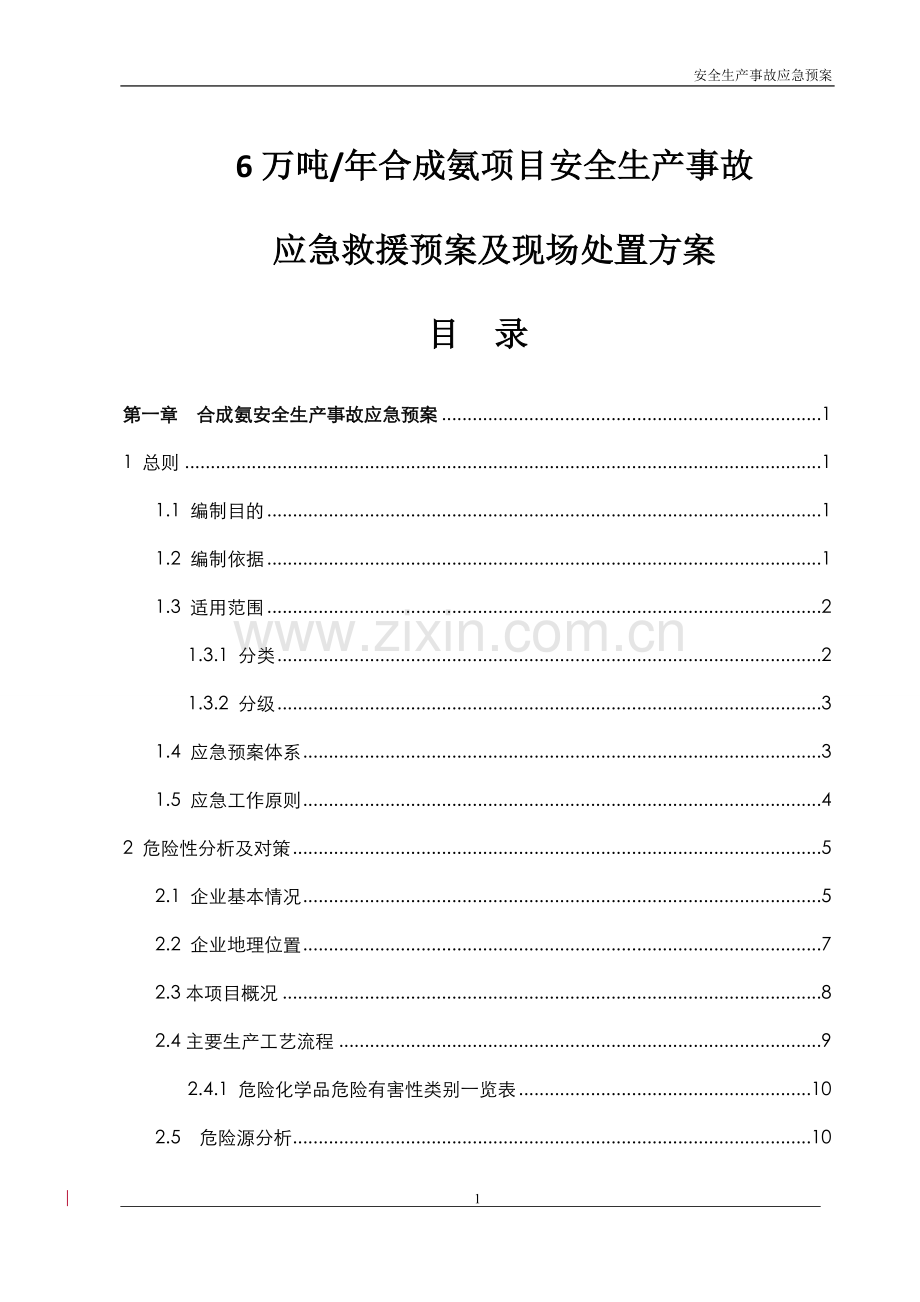 6万吨年合成氨项目安全生产事故应急救援预案及现场处置方案预案.doc_第1页