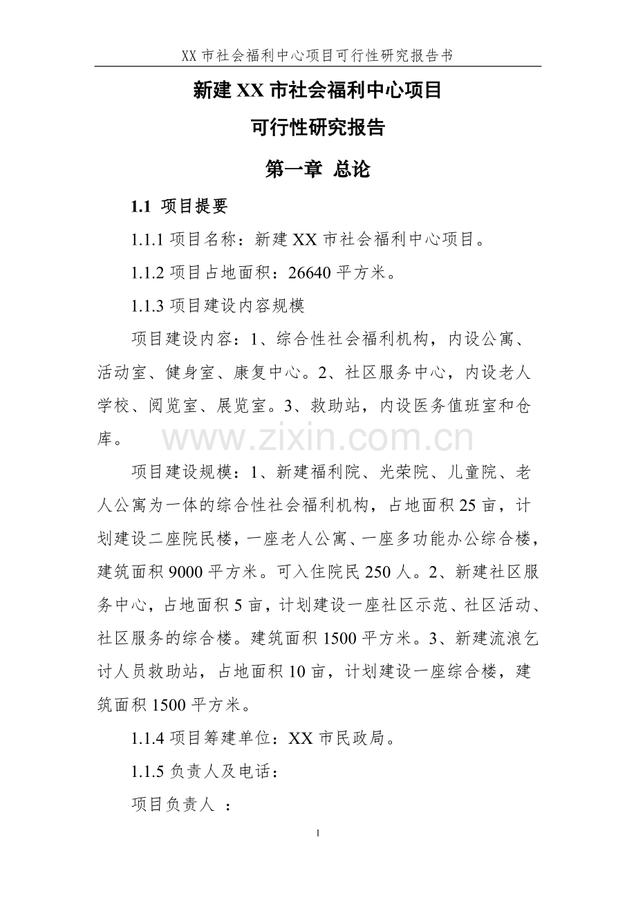 某市社会福利中心项目可行性研究报告.doc_第1页