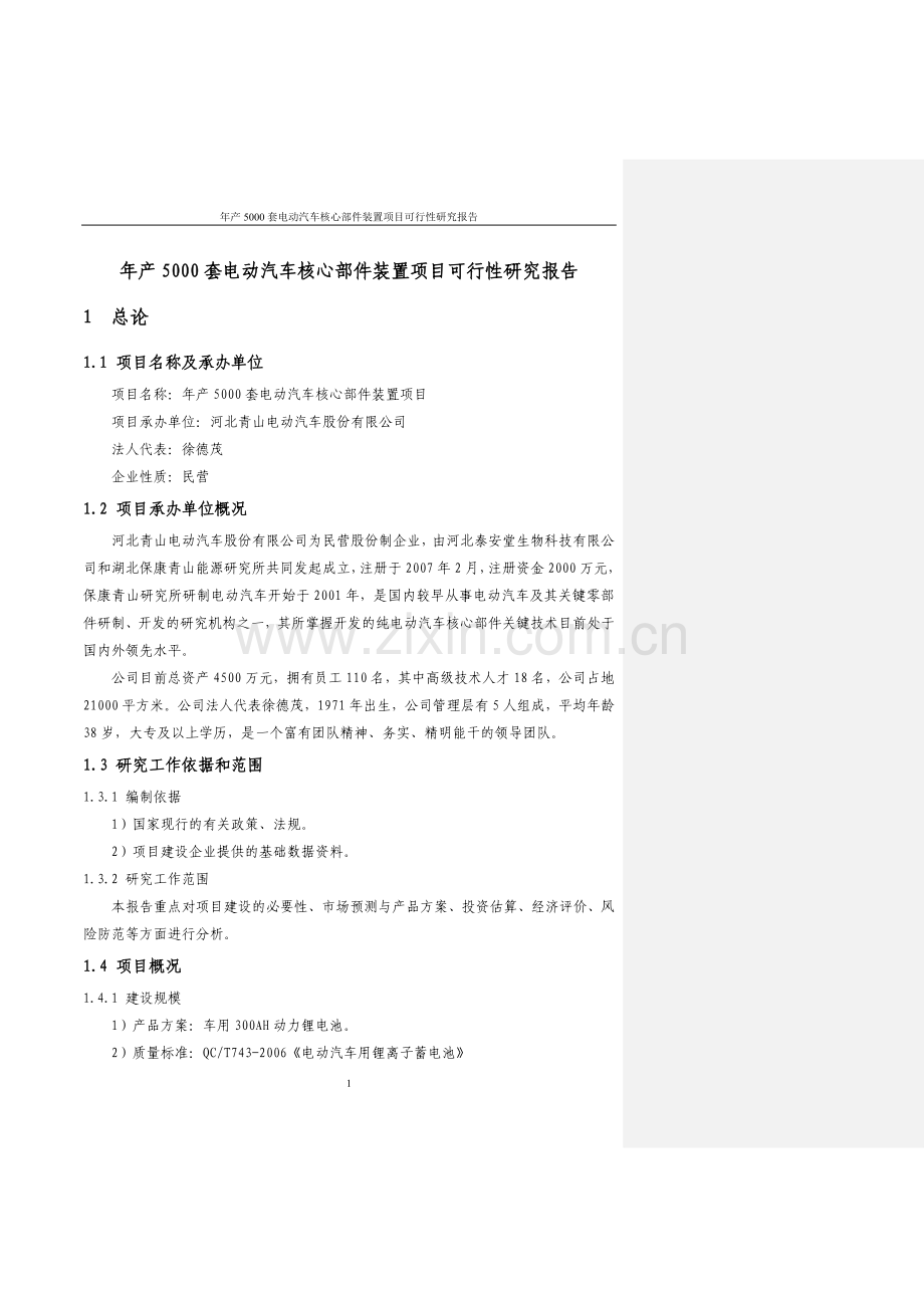 年产5000套电动汽车核心部件装置项目建设可行性研究报告.doc_第1页