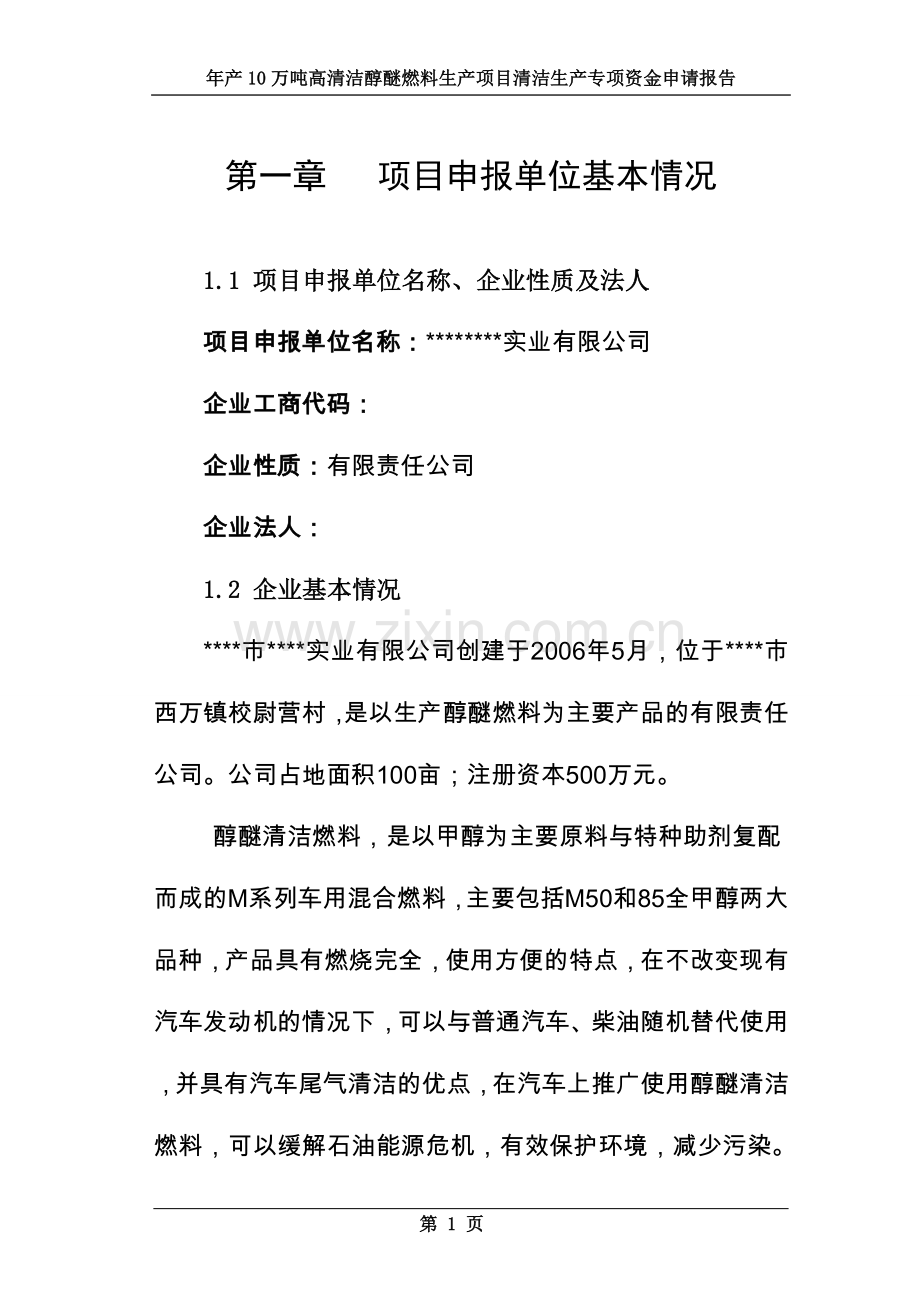 年产10万吨高清洁醇醚燃料产项目清洁产专项建设可研报告.doc_第1页