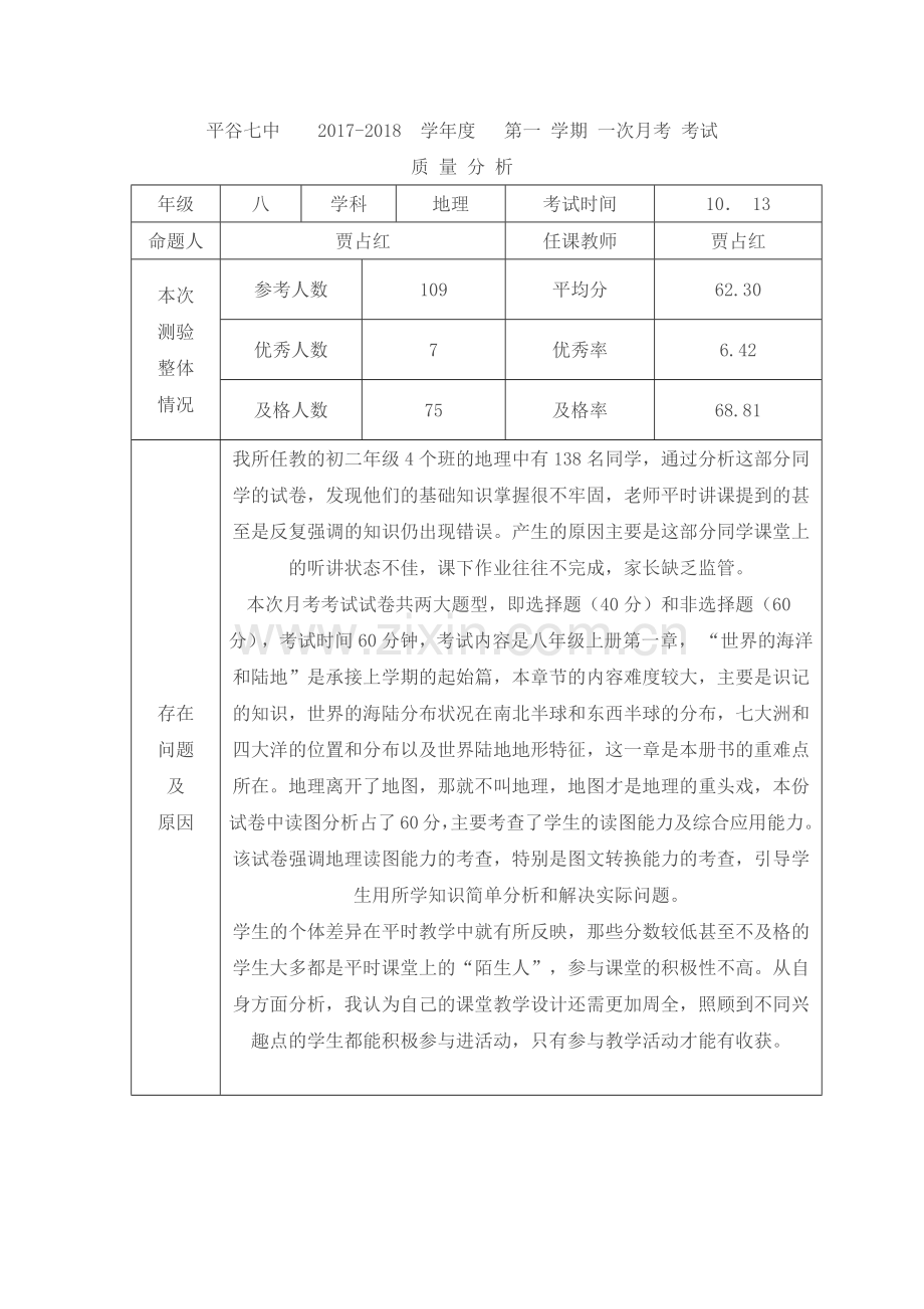 初二地理月考成绩分析.doc_第1页