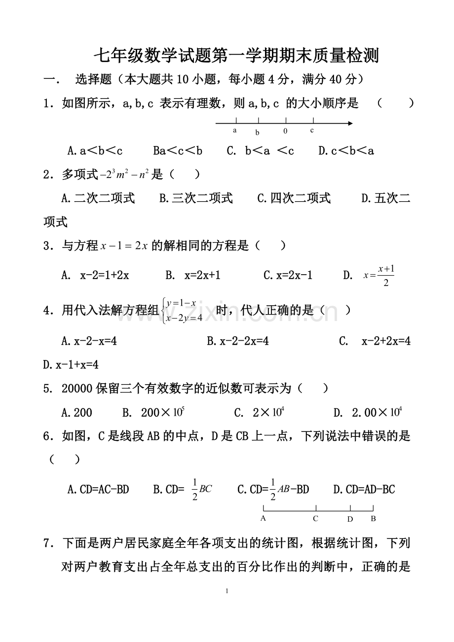 沪科版初中数学七年级上册期末测试题(一).doc_第1页