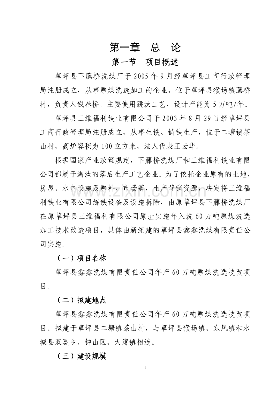 年入洗原煤60万吨技改工程项目可行性论证报告(经典可行性论证报告).doc_第1页