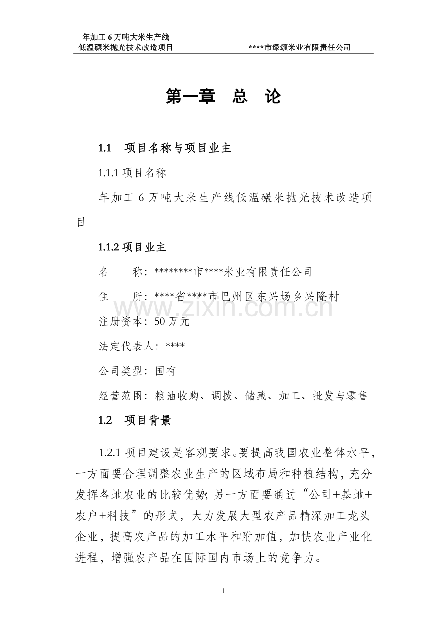 年加工6万吨大米生产线低温碾米抛光技术改造项目建设可行性研究报告.doc_第1页