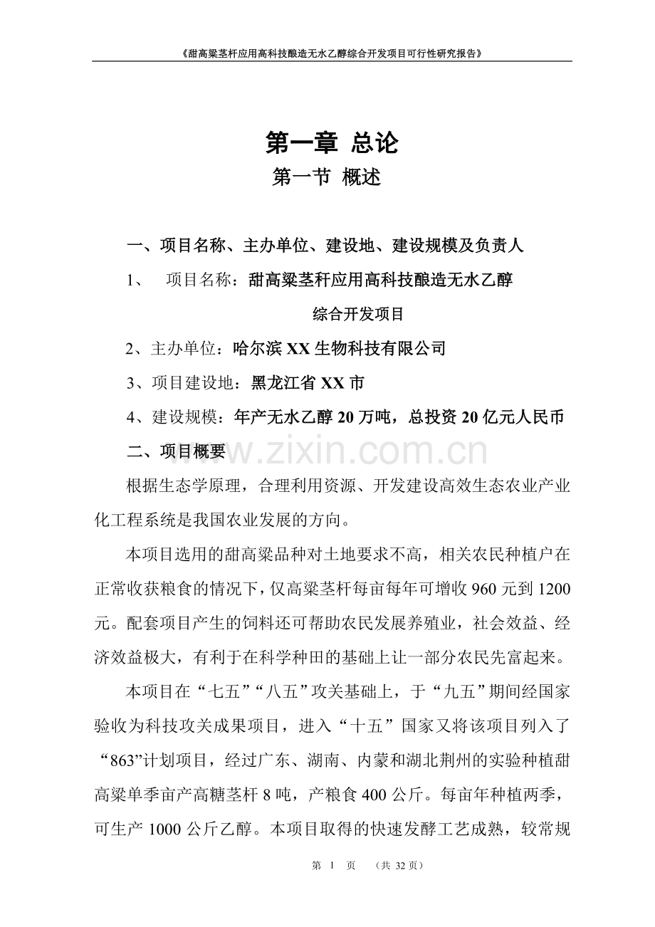 甜高粱茎杆应用高科技酿造无水乙醇综合开发项目可行性研究报告.doc_第1页