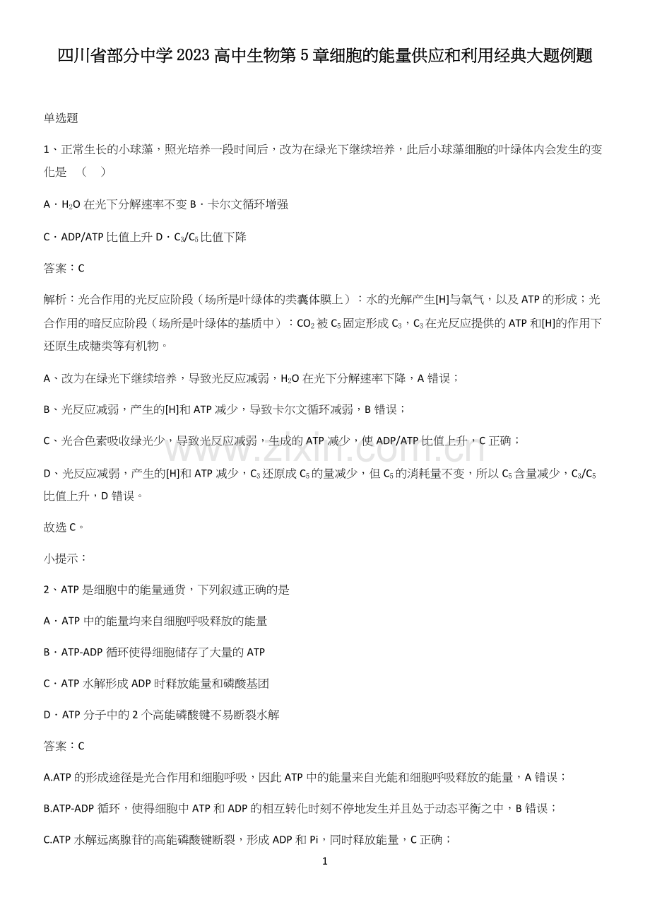 四川省部分中学2023高中生物第5章细胞的能量供应和利用经典大题例题.docx_第1页