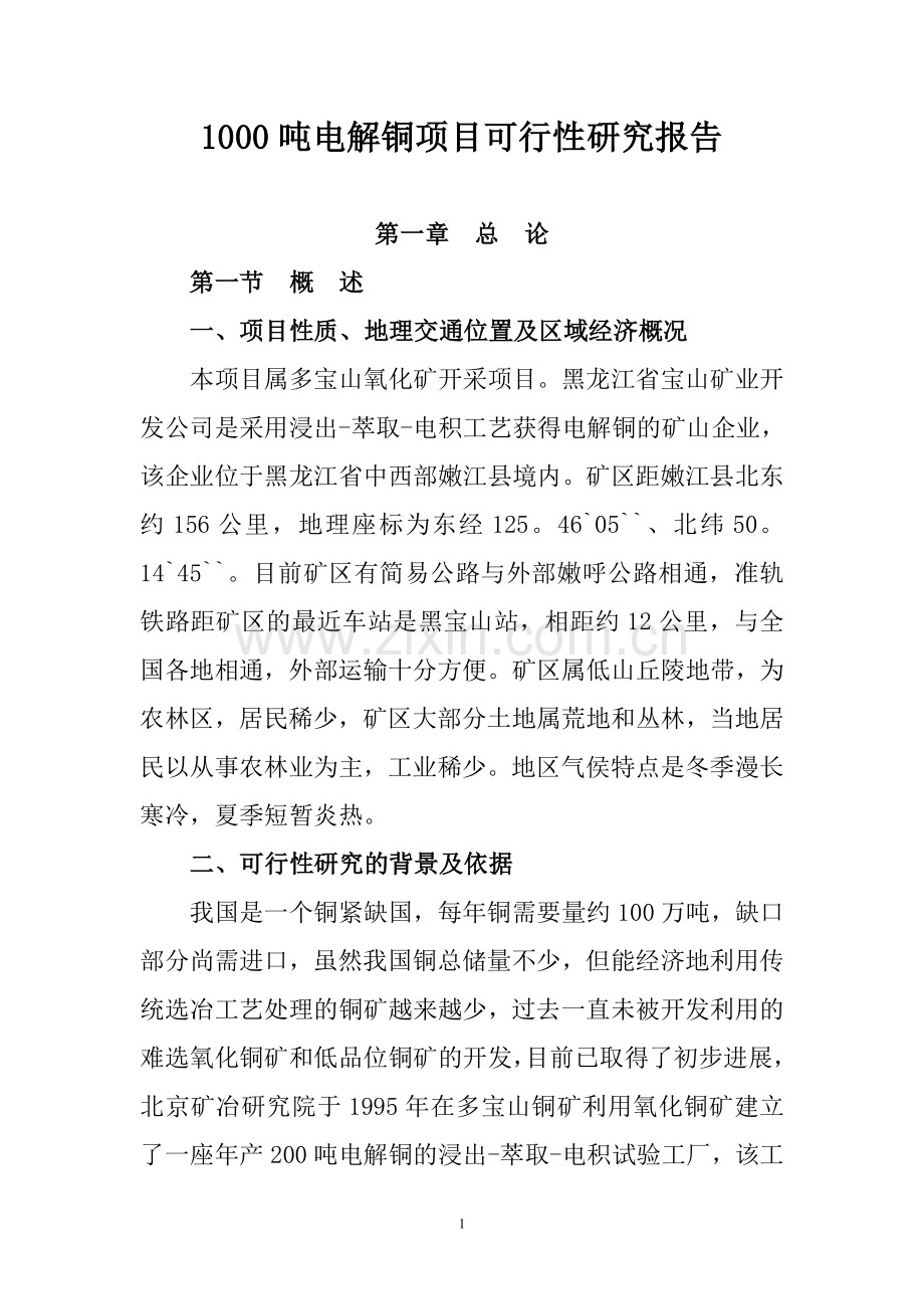 黑龙江省宝山矿业开发公司1000吨电解铜项目可行性研究报告.doc_第1页