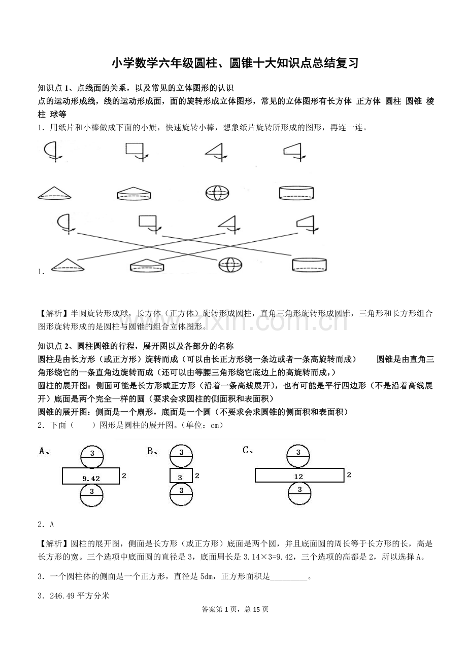 小学数学六年级圆柱、圆锥知识点总结复习.doc_第1页