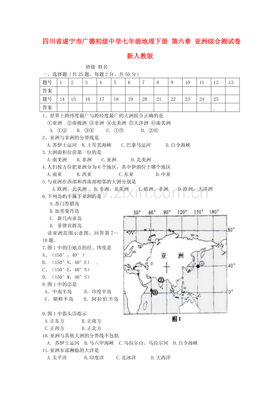 七年级地理下册第六章亚洲综合测试卷及答案新人教版.doc_第1页