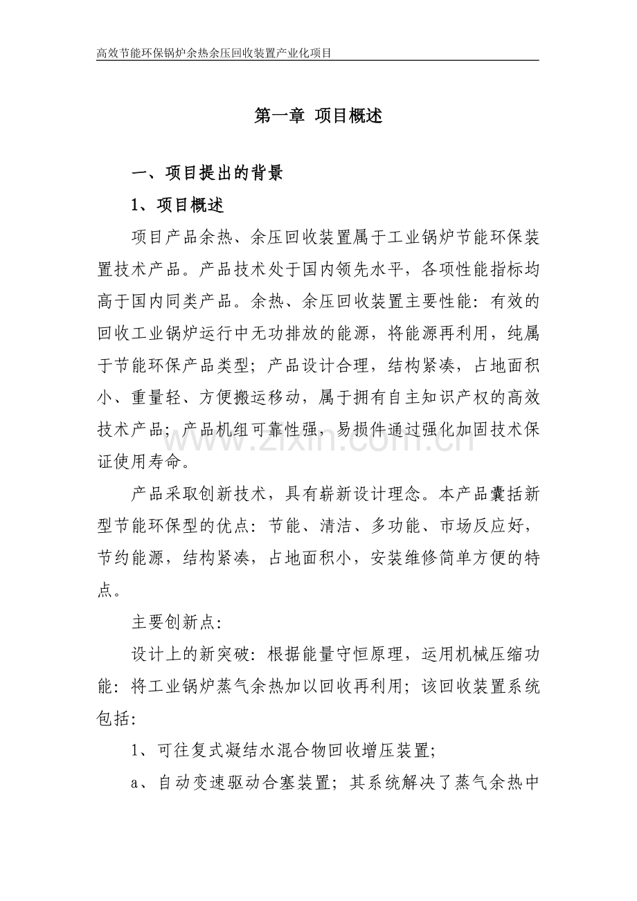 高效节能环保锅炉余热余压回收装置产业化项目可行性研究报告书.doc_第1页