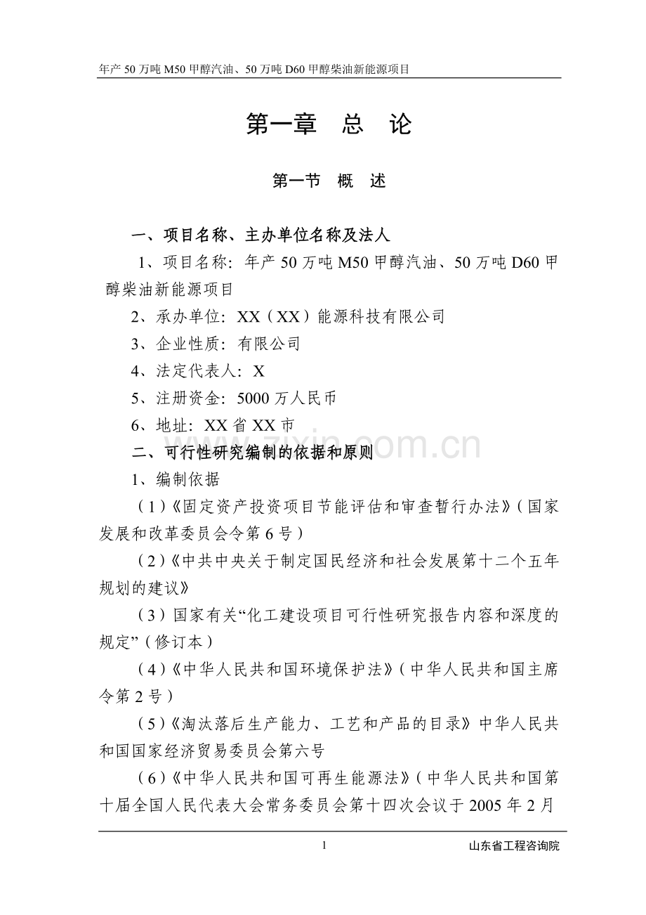 年产50万吨m50甲醇汽油、50万吨d60甲醇柴油新能源项目可行性报告书.doc_第1页