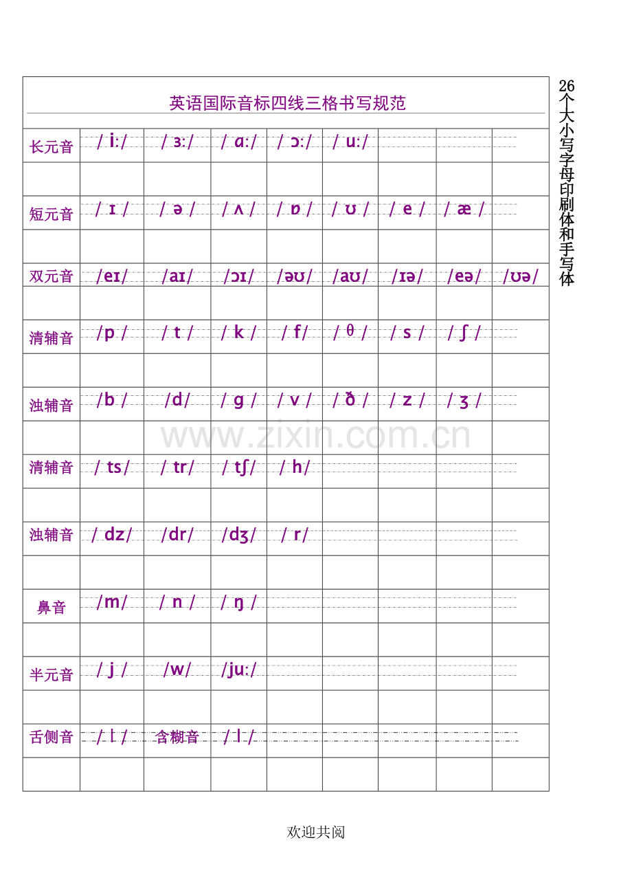 国际音标手册写规范及26个字母印刷体与手写体对比.doc_第1页