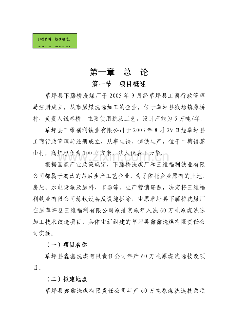 年入洗原煤60万吨技改工程项目可行性研究报告(经典可行性研究报告).doc_第1页