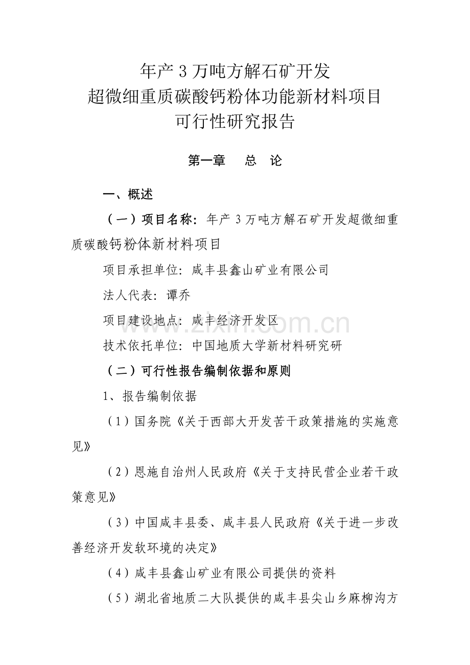 年产3万吨方解石矿开发超微细重质碳酸钙粉体功能新材料可行性策划书.doc_第1页