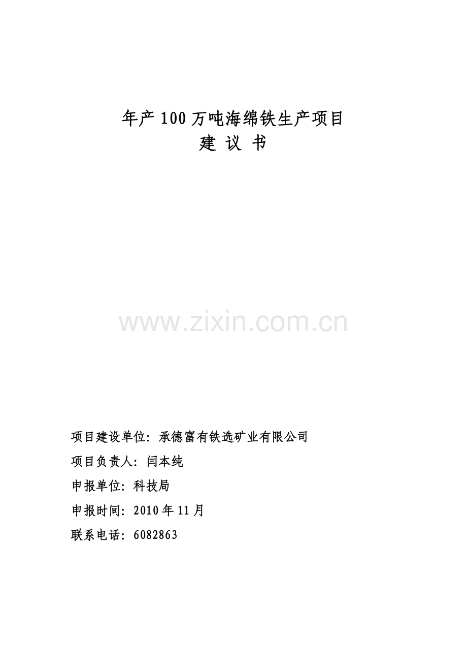 年产100万吨海绵铁生产可行性论证报告.doc_第1页