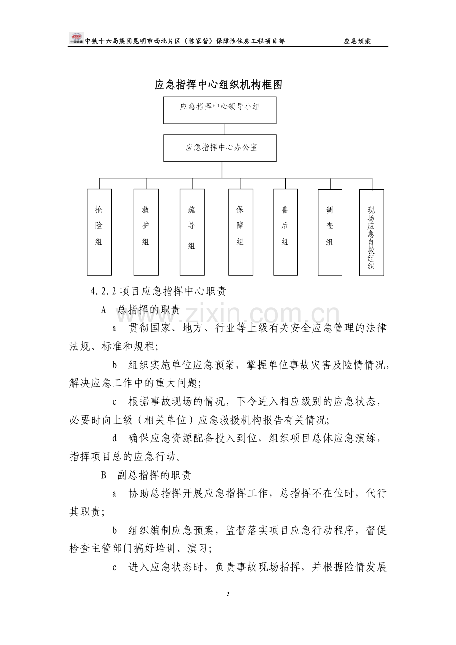 中铁十六局集团昆明市西北片区(陈家营)保障性住房工程项目部总应急预案.doc_第2页