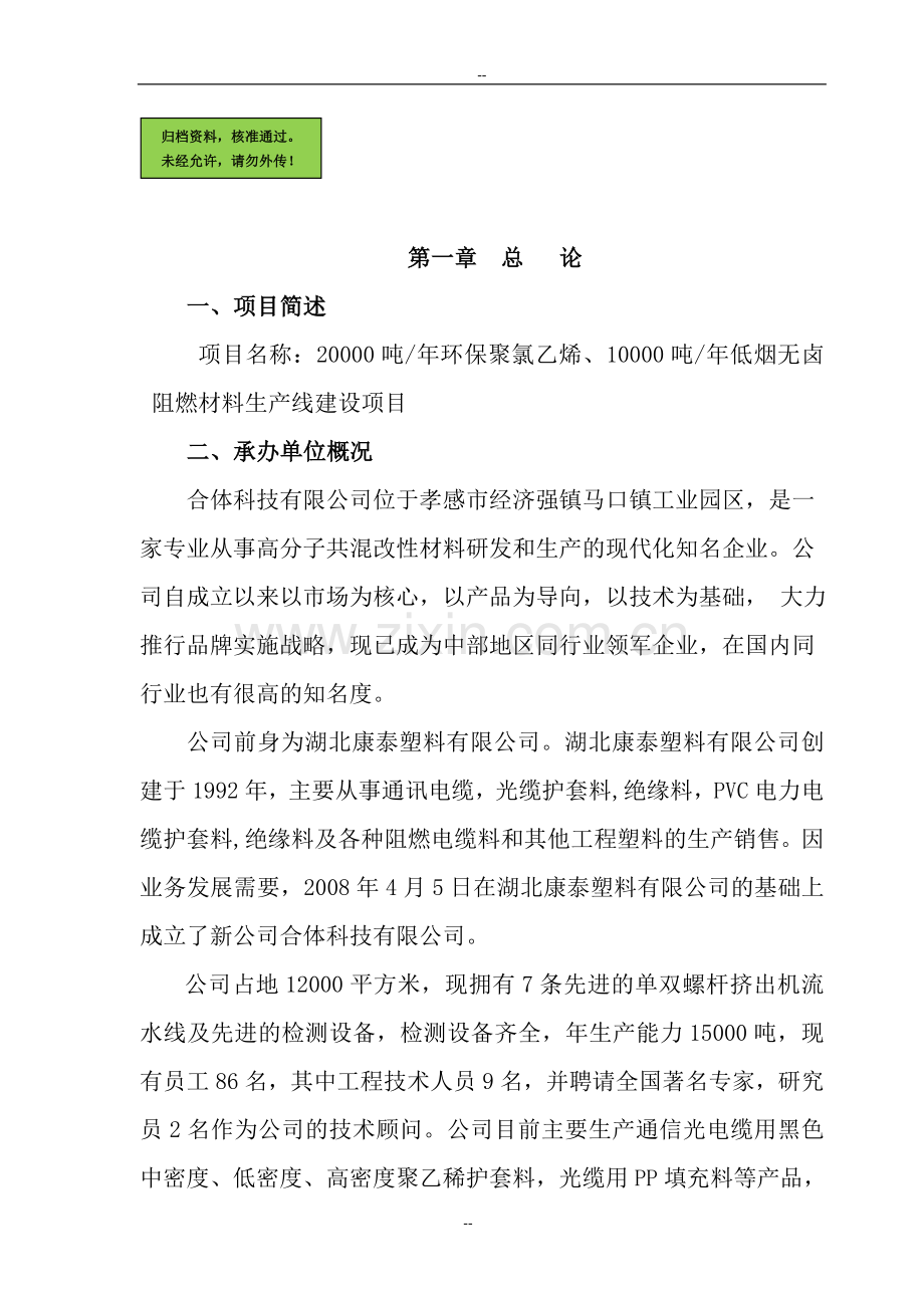 年产20000吨环保聚氯乙烯、10000吨低烟无卤阻燃材料生产线项目申请立项可研报告.doc_第1页