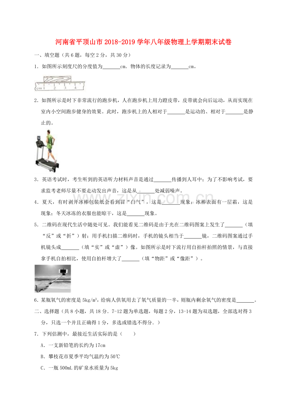 河南省平顶山市2018-2019学年八年级物理上学期期末试卷(含解析).doc_第1页