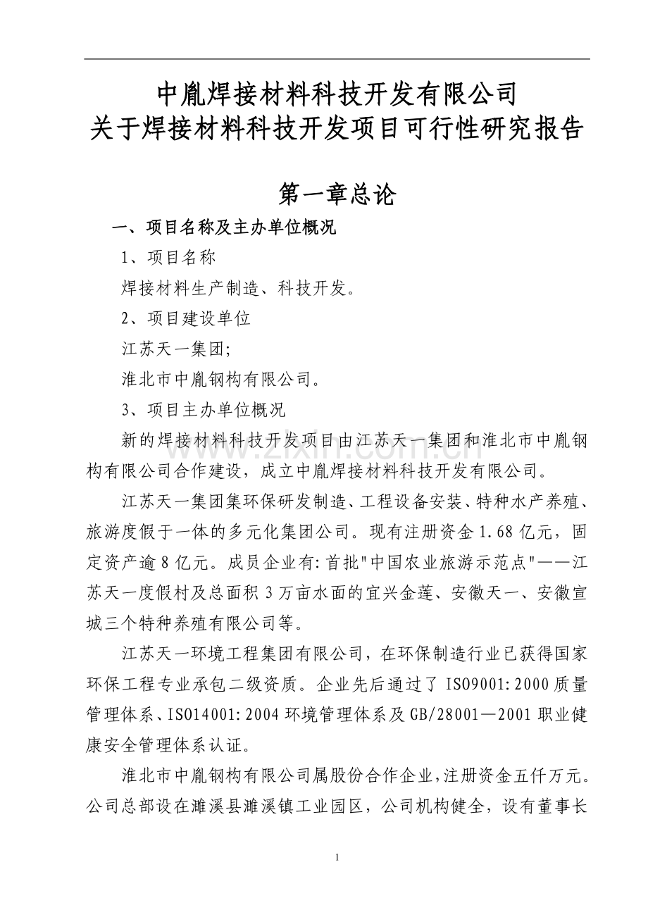 中胤焊接材料科技开发有限公司关于焊接材料科技开发项目可行性研究报告.doc_第1页