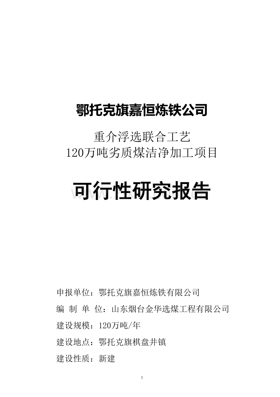 重介浮选联合工艺120万吨劣质煤洁净加工项目建议书.doc_第1页