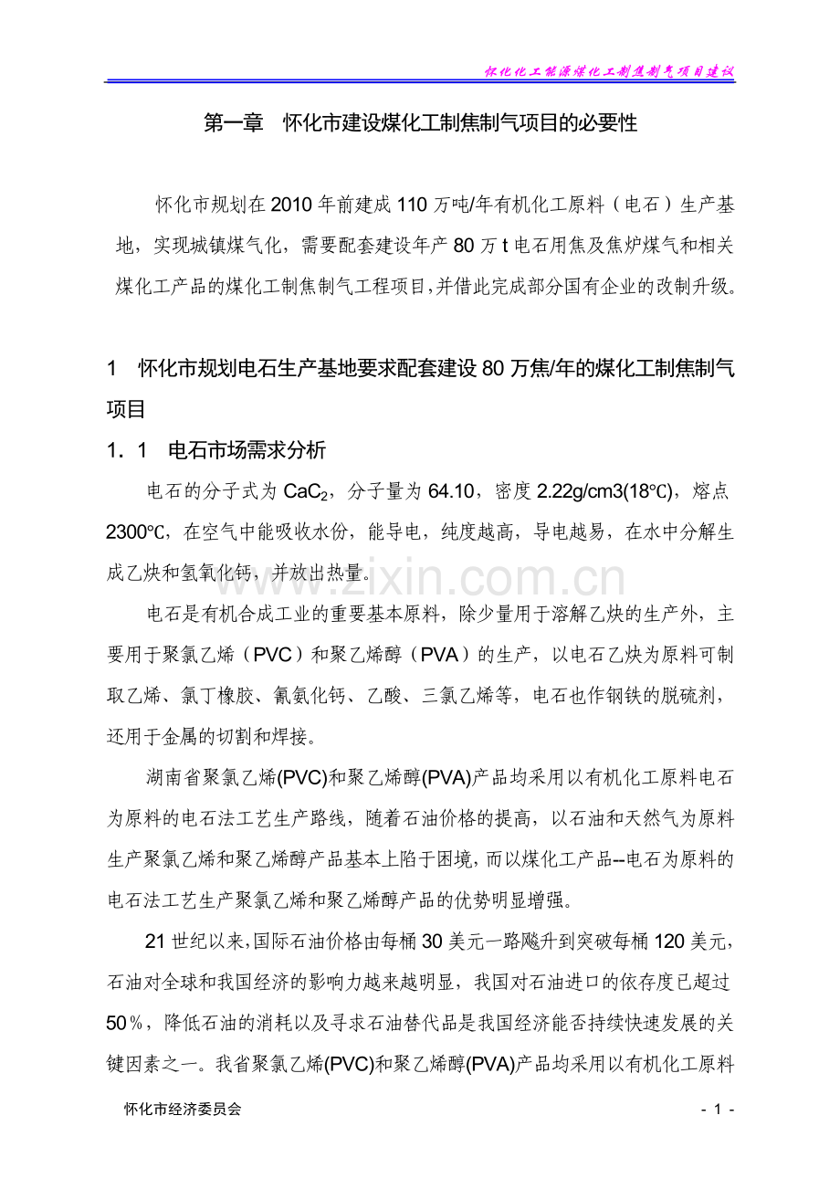 怀化市煤气化工技改扩建项目建议纲要书.doc_第1页