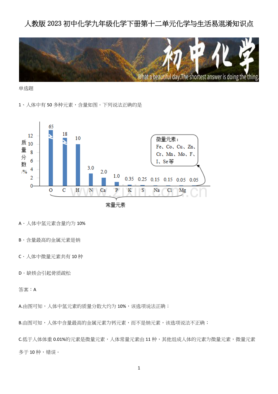 人教版2023初中化学九年级化学下册第十二单元化学与生活易混淆知识点.docx_第1页