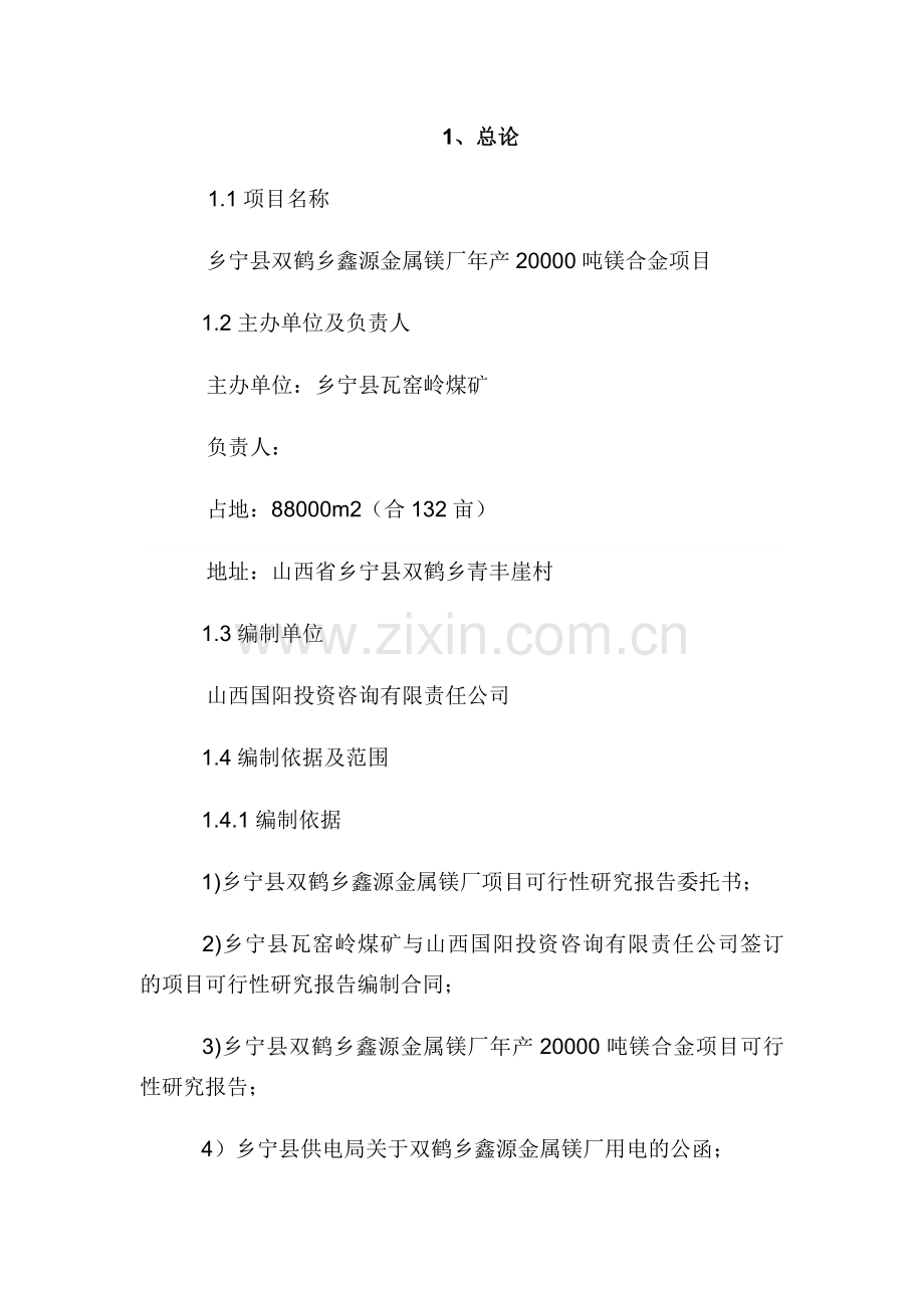 乡宁县双鹤乡鑫源金属镁厂年生产20000吨镁合金项目可行性研究报告.doc_第1页