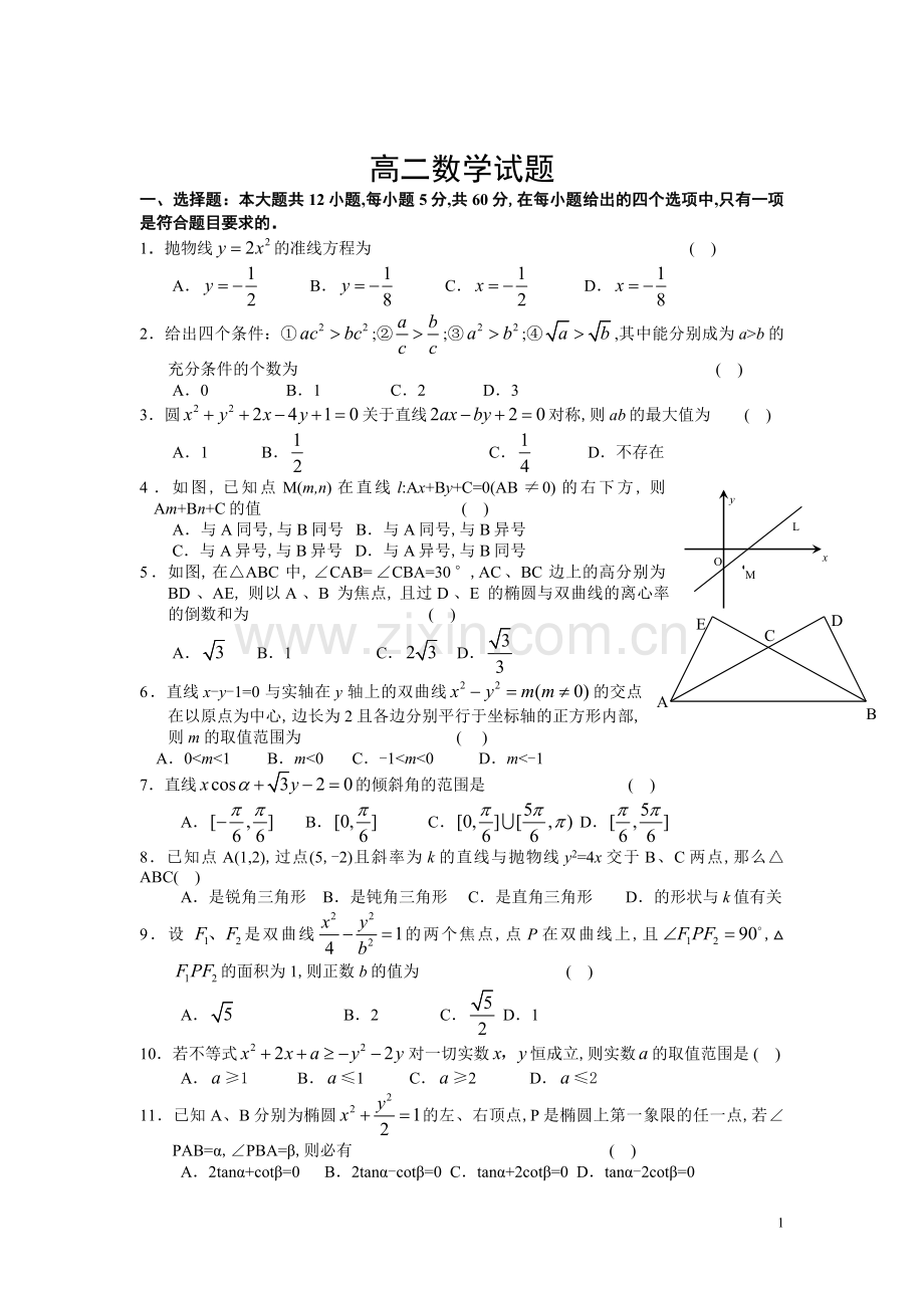 高二数学第一学期期末考试试卷理科.doc_第1页