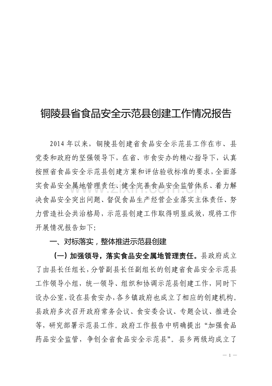 铜陵县省食品安全示范县创建工作情况报告.doc_第1页