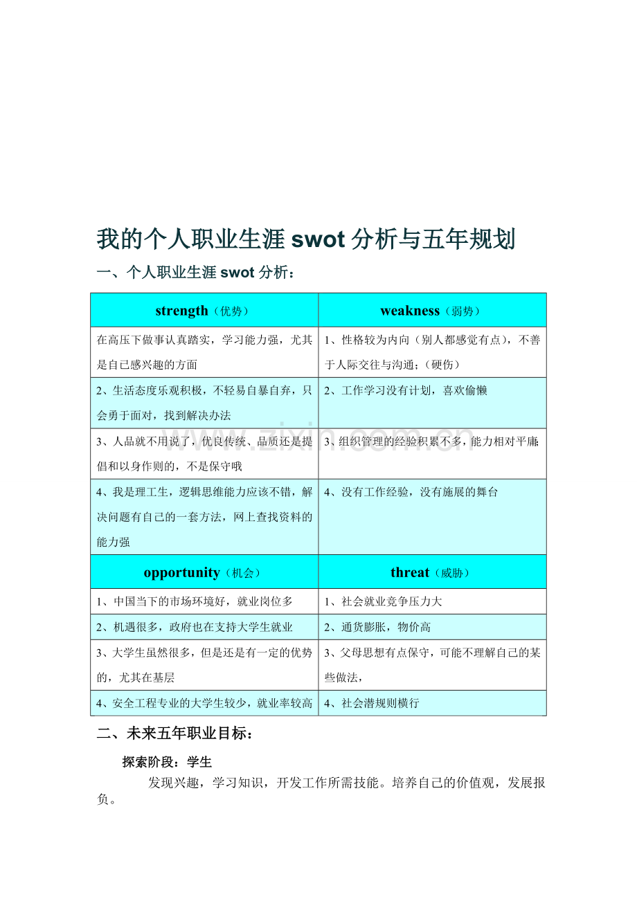 安全工程-用swot分析法做一份职业生涯规划.doc_第1页