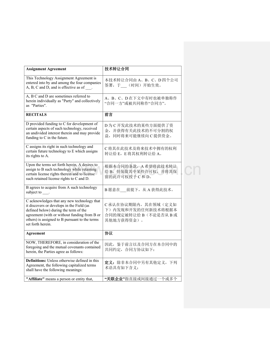 技术转让合同-翻译-中英文-Translation-Assignment-Agreement.doc_第1页