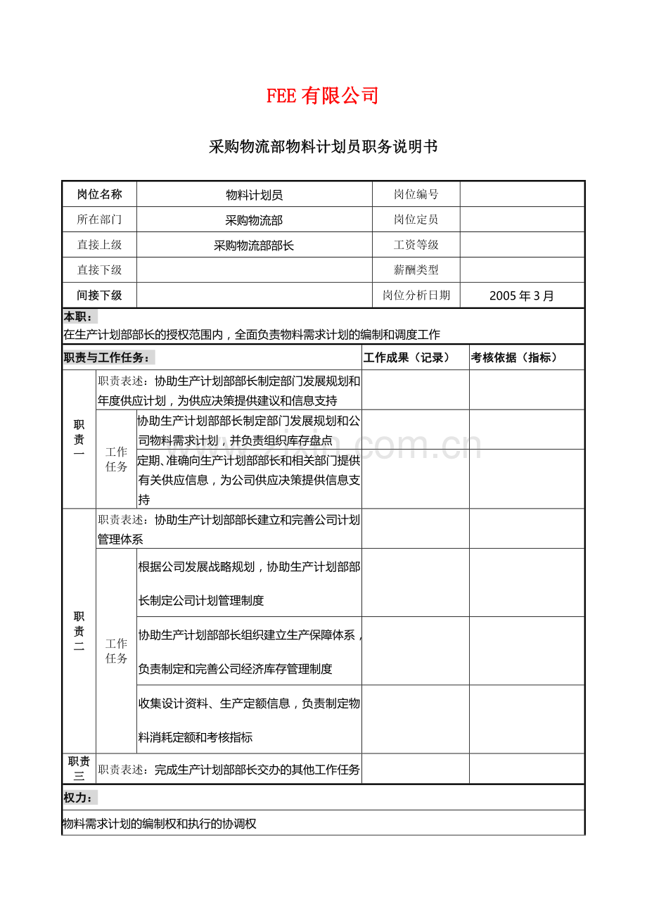 采购物流部(物料计划员)职务说明书.doc_第1页