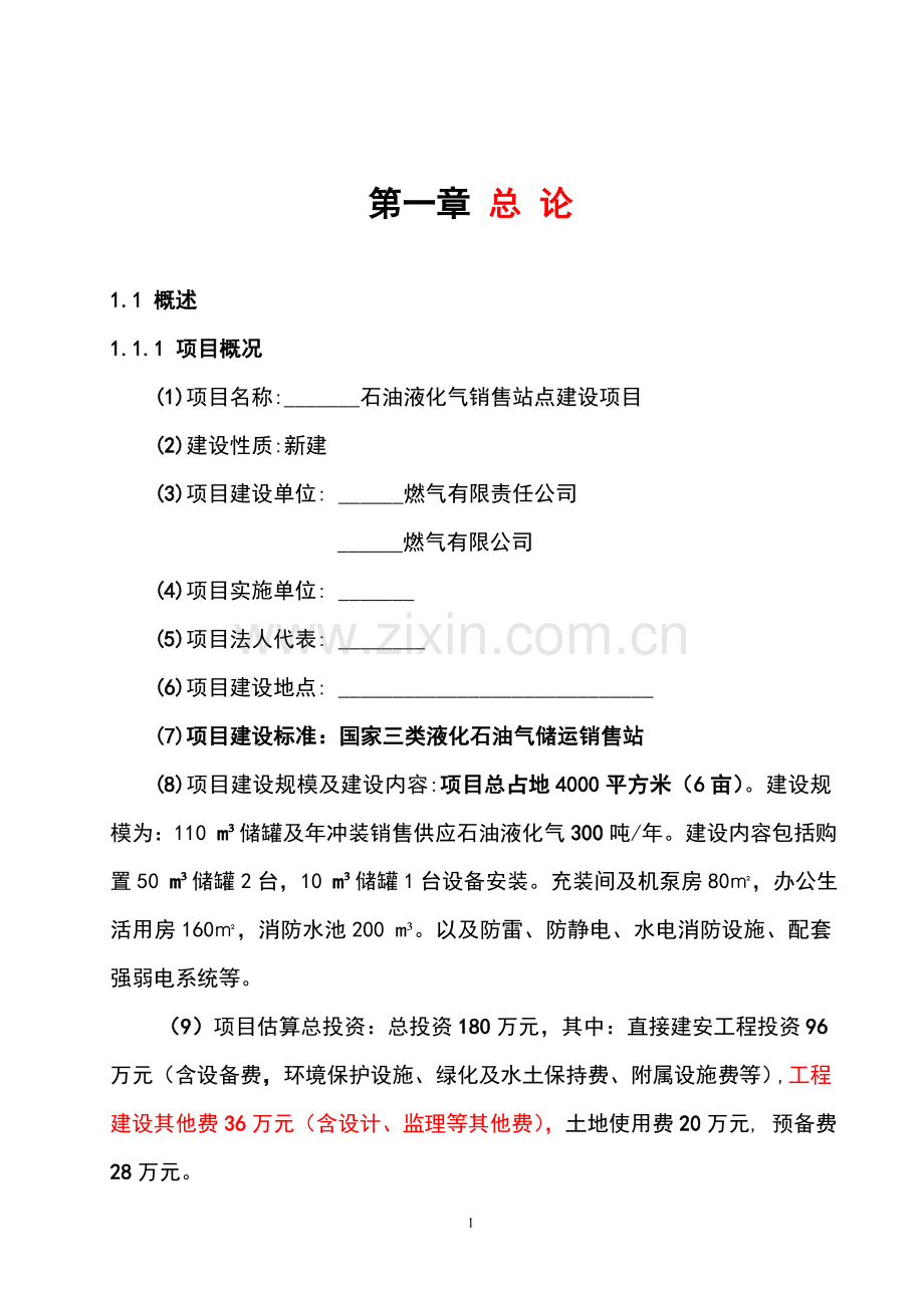 XX石油液化气销售站点建设项目可行性研究报告.doc_第1页