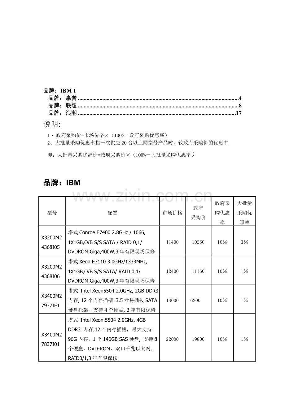 2009-2010年度梅州市政府采购服务器协议供货品牌、价格一览表、.doc_第1页