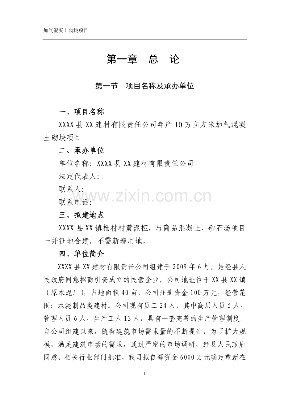 年产10万立方米加气混凝土砌块项目建设可行性研究报告.doc_第1页