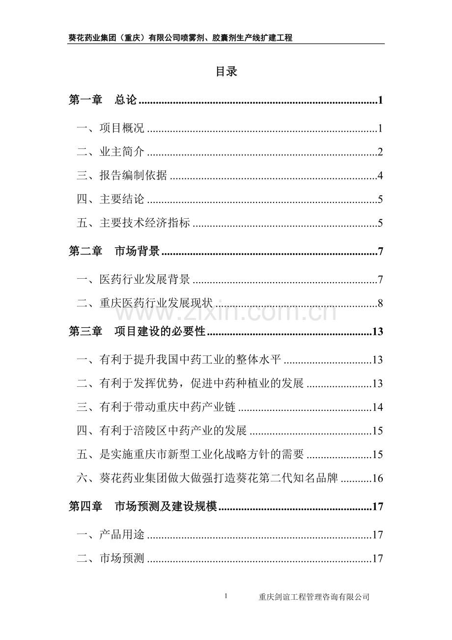 葵花药业集团(重庆)有限公司喷雾剂、胶囊剂生产线技术改造工程可行性研究报告.doc_第1页