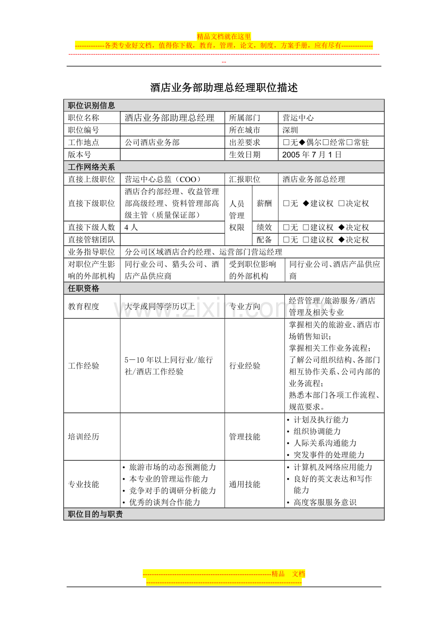 职位描述-酒店业务部助理总经理.doc_第1页