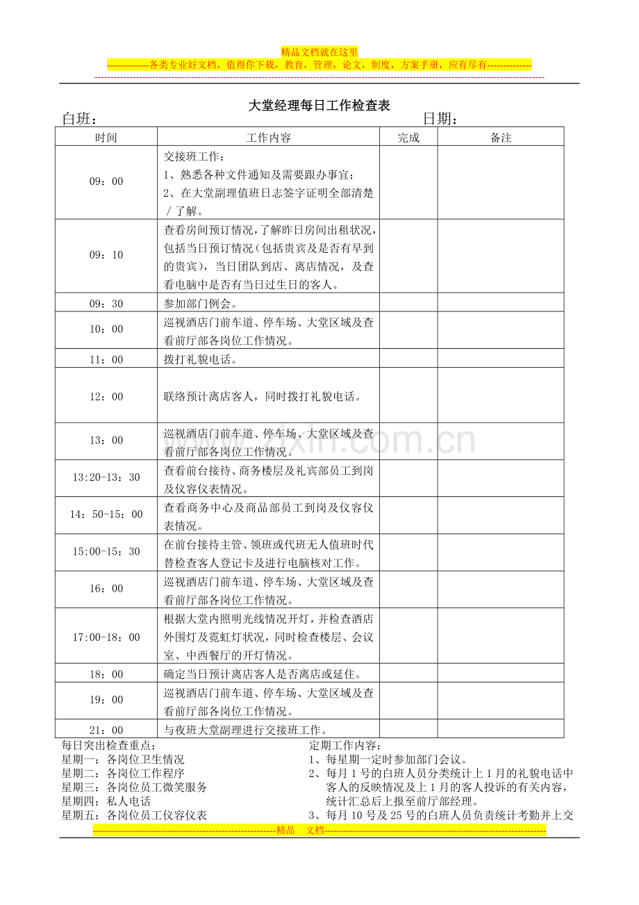 酒店大堂经理每日工作检查表.doc_第1页