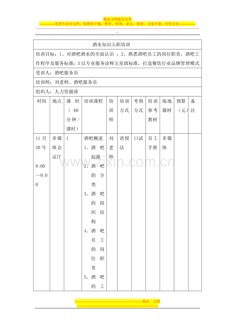 酒店入职培训计划表.doc_第1页