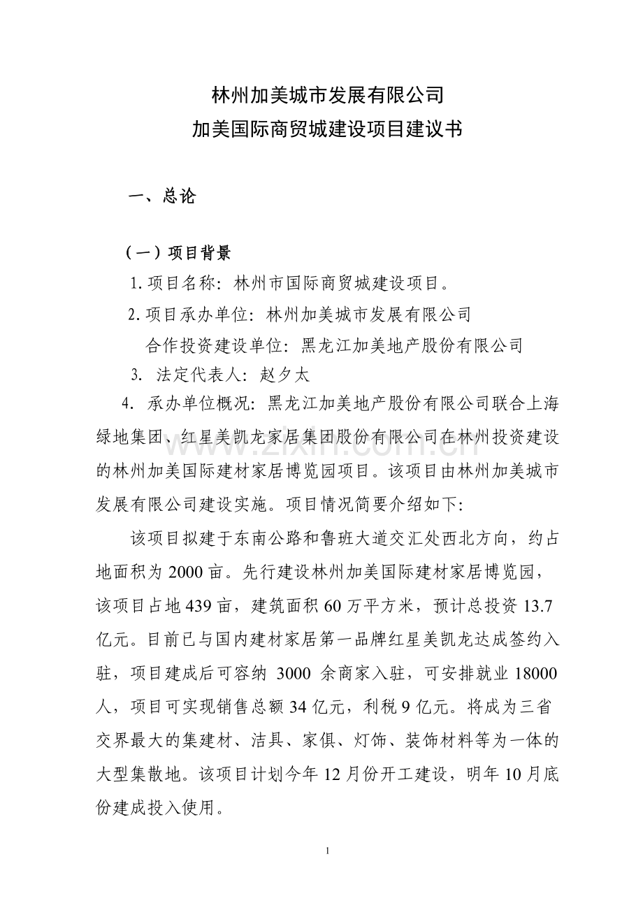 加美国际商贸城项目投资可行性研究论证报告.doc_第1页