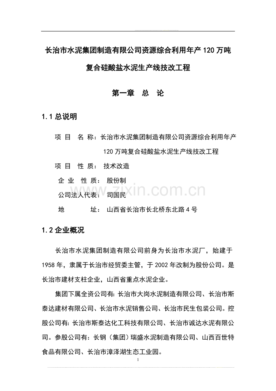 长治市水泥公司综合利用年产120万吨复合硅酸盐水泥生产线可行性研究报告.doc_第1页