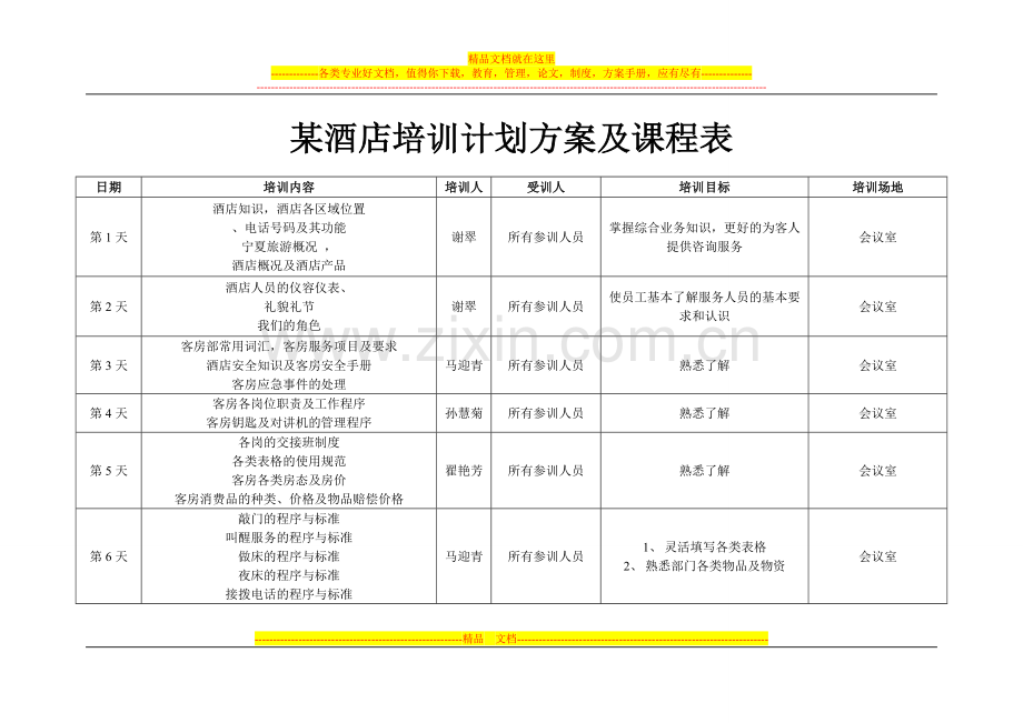 某酒店培训计划方案及课程表.doc_第1页