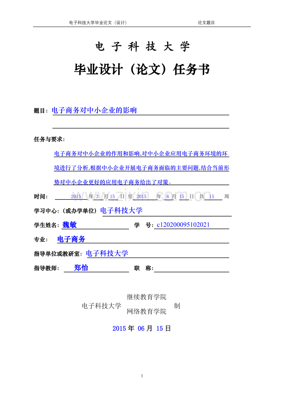 电子商务对中小企业的影响毕业设计任务书.docx_第1页