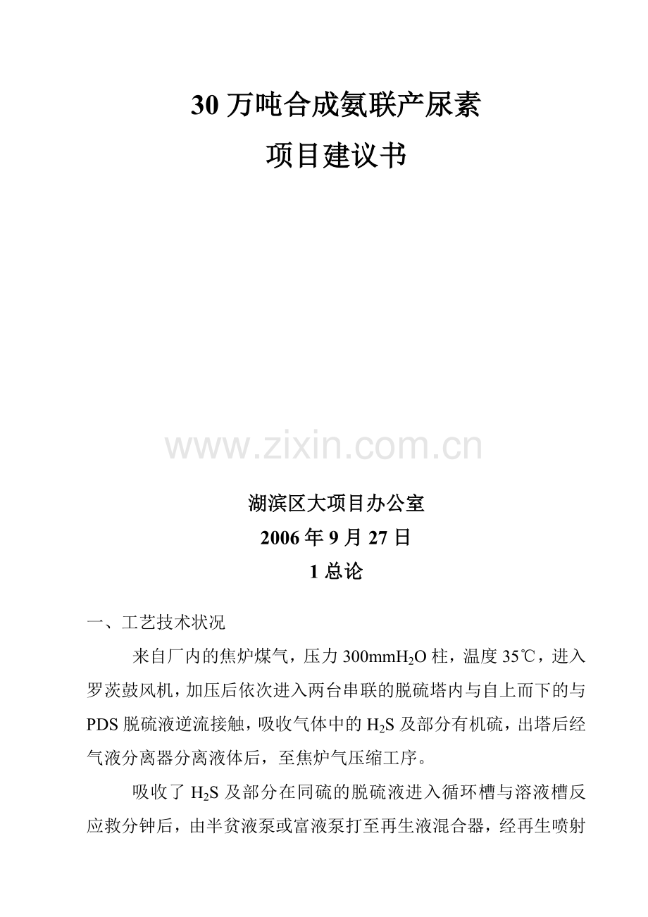 30万吨合成氨联产尿素项目可行性研究报告.doc_第1页